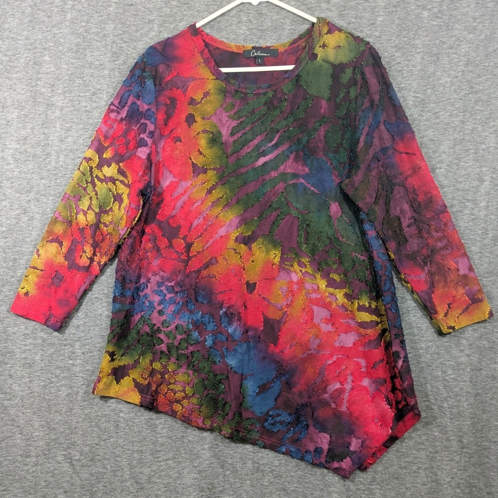 Calessa Tunic 3/4 Sleeve Vibrant Abstract Multicolor Asymmetrical Hem‎ Size L